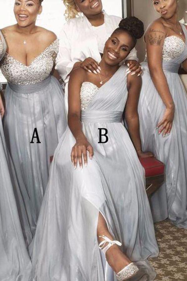 A Line Sweetheart Grey Beading One Shoulder Bridesmaid Dresses JS282