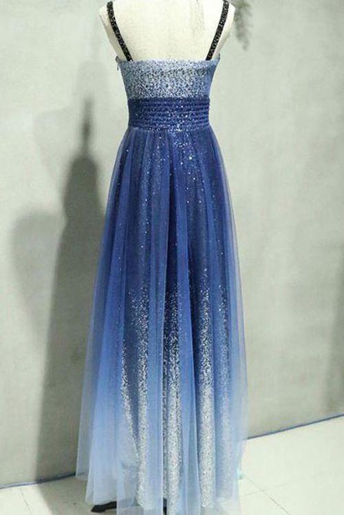 A Line Ombre Spaghetti Straps Tulle Blue Sequins Sweetheart Prom Homecoming Dress JS805