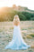 A Line Sky Blue Rustic Chiffon Deep V Neck Slit Prom Dresses Beach Wedding Dresses