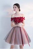 A Line Red Off the Shoulder Above Knee Short Sleeve Flowers Homecoming Dresses UK JS308