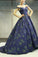A Line Off the Shoulder Long Navy Blue Prom Dress with Printed Cheap Evening Dresses JS847
