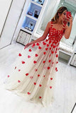 Stylish A Line Tulle Sweetheart Spaghetti Straps Red Flowers Sleeveless Prom Dress JS811