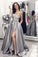 A Line One Long Sleeve Satin Gray Lace Formal Dresses Side Slit Prom Dresses JS306