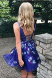 A-Line V-Neck Backless Short Royal Blue Printed Chiffon Cute Prom Homecoming Dress JS763