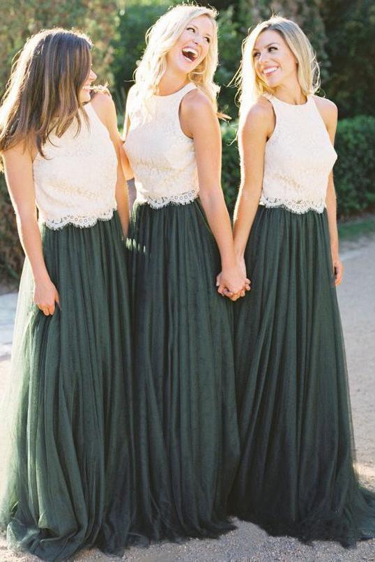 A Line Lace Bodice Green and White Tulle Long  Round Neck Bridesmaid Dresses UK PW285