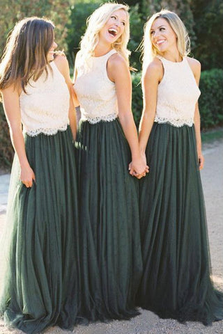 A Line Lace Bodice Green and White Tulle Long  Round Neck Bridesmaid Dresses UK PW285