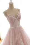 Unique A Line Pink Sweetheart Tulle Spaghetti Straps Long Lace Prom Dresses uk JS219