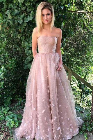 Princess A-Line Strapless Pink Lace Sleeveless Tulle Appliques Pockets Prom Dresses JS822