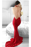 Glamorous Mermaid Red Lace Halter Evening Dress Backless Sleeveless Prom Dresses UK JS331