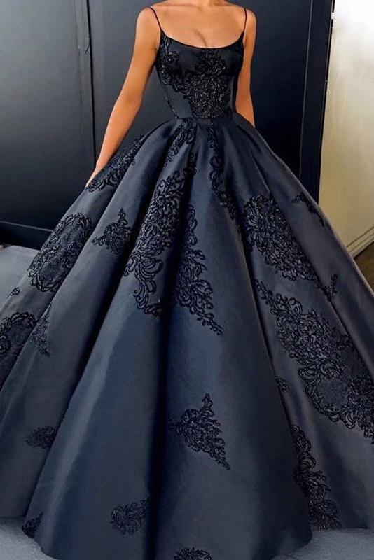 Ball Gown Spaghetti Straps Navy Blue Vintage Cheap Long Prom Quinceanera Dresses JS113