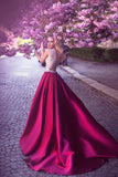 Romantic A-Line Jewel Rose Red Satin Round Neck Prom Dresses with Lace Appliques JS458