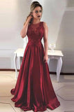 Simple A-Line Round Neck V-Back Maroon Satin Sleeveless Prom Dresses with Lace JS394