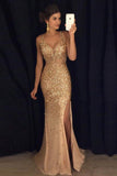 Elegant Gold Mermaid V-Neck Beads Side slit Tulle Long Evening Prom Dresses UK JS492