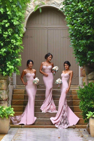 New Arrival Pink Spaghetti Straps Lace High Quality Mermaid Long Bridesmaid Dresses JS417