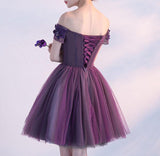 Cute A line Dark Purple Off-shoulder Short Sexy Appliqued Homecoming Dress with Beads JS173