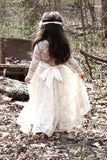 Scoop Ivory Lace Girl Dress Ivory Bowknot Baby Dress Long Sleeve Flower Girl Dress JS268