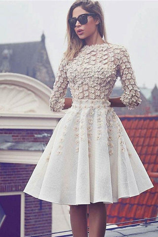 Glamorous Lace Short Flowers A-Line 3/4 Sleeves Hoco Knee-Length Homecoming Dresses JS301