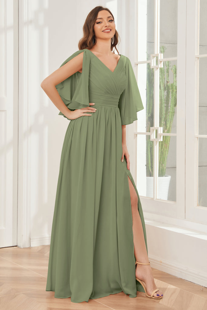 Half Sleeves Lace-up Back Bridesmaid Dresses with Slit
