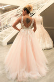 Princess V Neck Pink Long Tulle Lace Appliques Open Back Party Dress Prom Dresses JS66