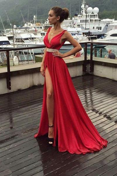 A-Line Red Simple With Slip Side Satin Chiffon Charming Deep V-Neck Sleeveless Prom Dresses JS250