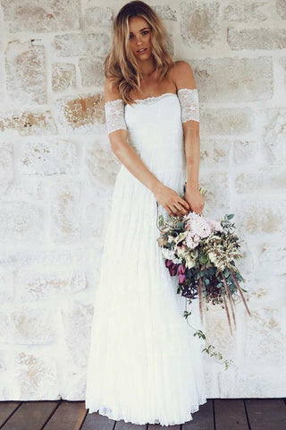A-Line Off-the-Shoulder Short Sleeves Backless White Lace Boho Wedding Dresses UK JS365