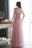 Modest Scoop Neck Tulle Pearl Detailing Lace-up Floor-length Sleeveless Prom Dresses JS632