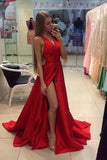 A Line Red Sleeveless V Neck with Side Split Floor Length Open Back Satin Prom Dresses JS52