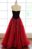 Strapless A-line Long V-Neck Tulle Burgundy Sleeveless Floor-Length Prom Dresses JS269