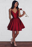 A-Line Spaghetti Straps Short V-Neck Dark Red Satin Homecoming Dress with Pockets JS593