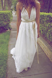 2024 New Style Deep V-Neck A-Line Sleeveless White Open Back Sexy Ivory Lace Wedding Dress JS862