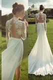 Gorgeous High Neck Long Sleeve Lace Top Side Slit Ivory Chiffon Wedding Dress