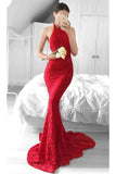 Glamorous Mermaid Red Lace Halter Evening Dress Backless Sleeveless Prom Dresses UK JS331