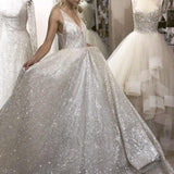 Sequins V-Neck Ivory Backless A-Line Sleeveless Elegant Plus Size Prom Dresses JS381