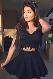 Cute A-Line V-Neck Black Sleeveless Lace Satin Appliques Homecoming Dresses JS749