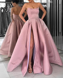 Burgundy Strapless Bodice Corset Long Sleeveless Evening Gowns With Leg Split Prom Dress JS723