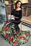 A Line Off the Shoulder Two Piece Long Sleeve Satin Floral Scoop Long Prom Dresses JS188