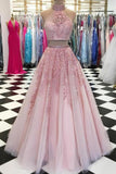 Elegant A Line Two Piece Dusty Rose Beaded Tulle High Neck Lace Long Prom Dresses JS864