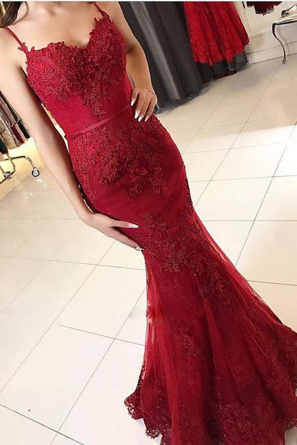 Cheap Red Spaghetti Straps Sweetheart Mermaid With Lace Appliques Prom Dresses JS121