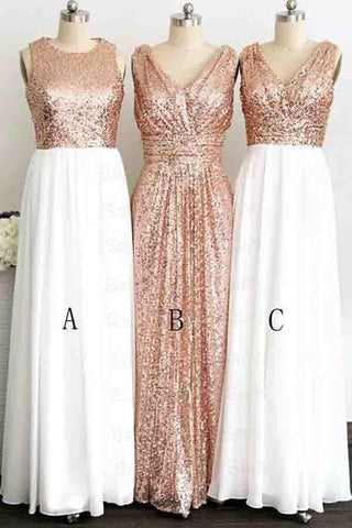 A Line Gliiter Rose Gold Sequins White Chiffon Long Bridesmaid Dresses Prom Dress
