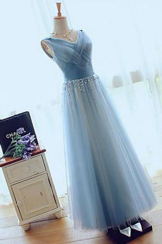 A-line V-neck Floor-length Tulle with Beading Prom Dresses Evening Dresses JS550