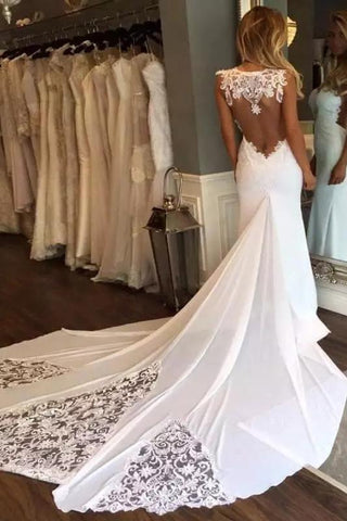 Elegant Sleeveless Mermaid Sheath Backless Sweetheart Applique Lace Wedding Dresses JS235