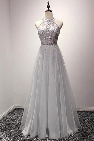 A-line Halter Sequins Tulle Floor Length Prom Dresses Evening Dresses JS553