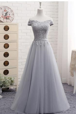 Cute A line Gray Lace Off Shoulder Lace-up Prom Dress with Appliques Graduation Dresses JS105