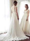 A-Line V-Neck Chiffon with Lace Appliqued Cap Sleeves Ivory Chapel Train Wedding Dresses JS883