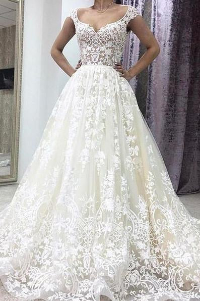 Buy A-Line Deep V-neck Court Train Sleeveless Ivory Lace Wedding Dress ...