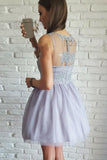 A-Line V-Neck Short Lilac Above Knee Tulle Appliques Homecoming Dress with Lace JS322