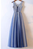 Elegant Long Appliques Blue Tulle Round Neck Long Evening Dress JS45