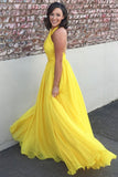 Princess Chiffon A-line Halter Long Yellow Backless Sleeveless Prom Dresses UK JS423