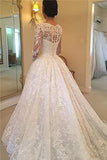 A Line Lace Applique Long Sleeve Sweetheart Covered Button Wedding Dresses JS331