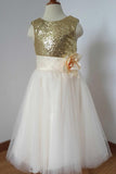 Gold Sequin Cream Tulle Ivory Scoop Flower Girl Dress with Flower Dress for Wedding Party JS775